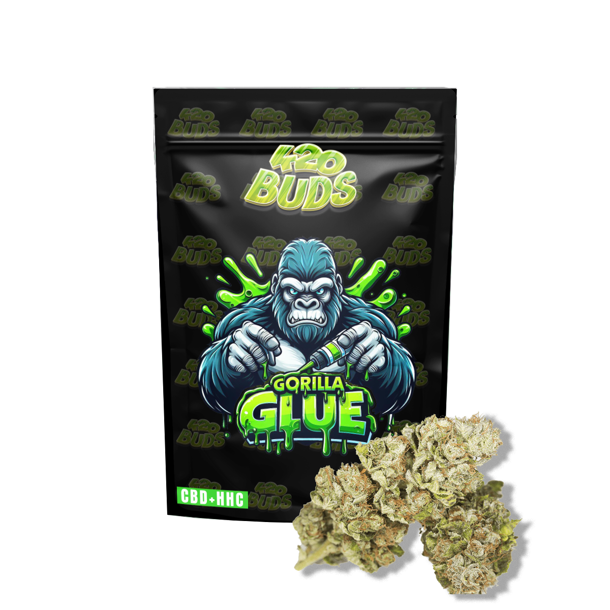 Close-up of Gorilla Glue CBD Flower buds with dense, sticky texture and citrus-wood aroma.