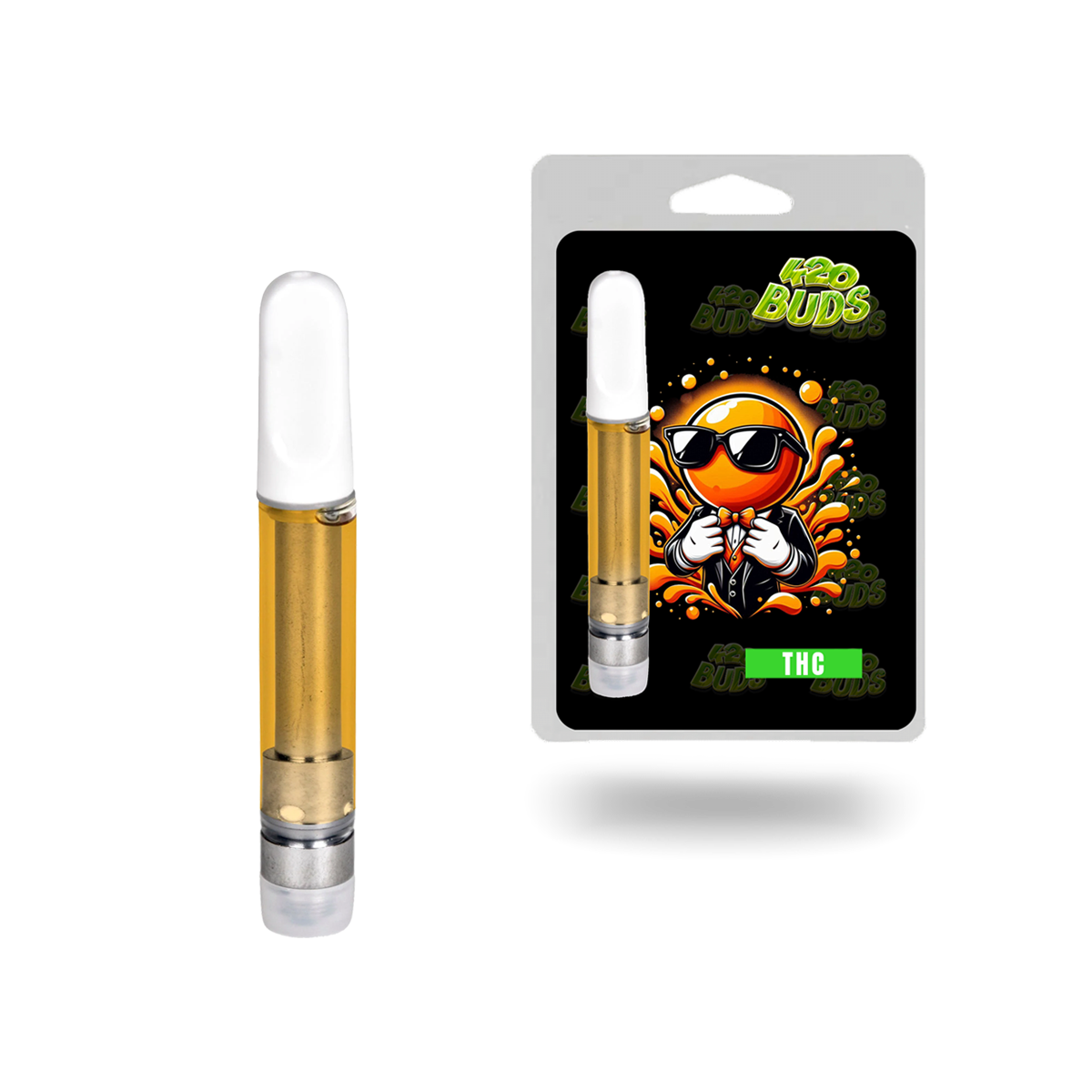 Orange 90% THC-P vape cartridge with citrus-inspired design.