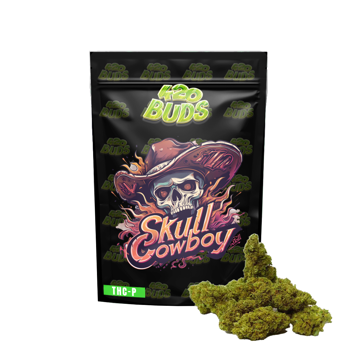 Skull Cowboy THC-P Flower indoor-grown hemp buds with dense structure